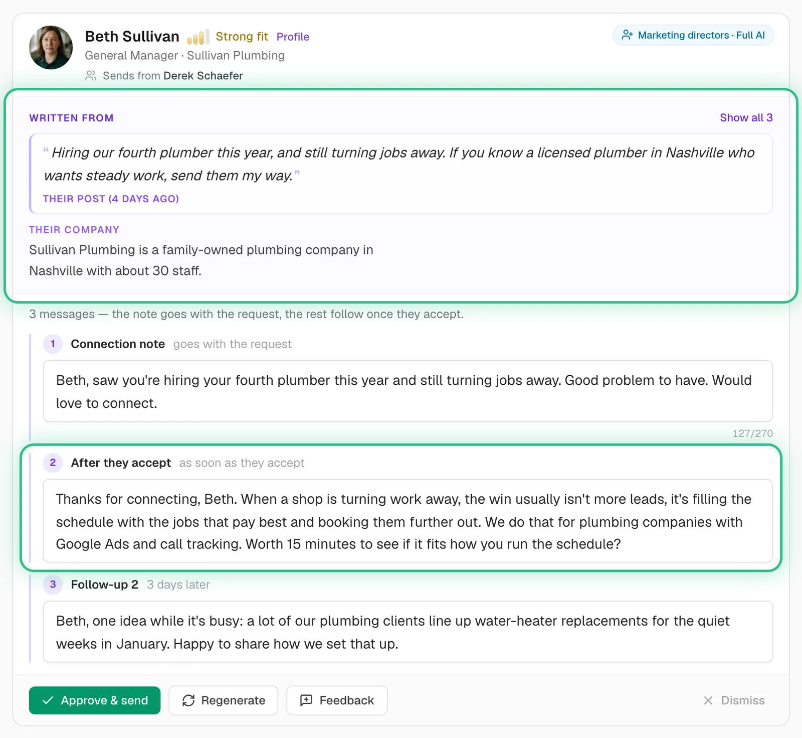 An AI-written draft with the post it was written from and the message you can edit, both ringed