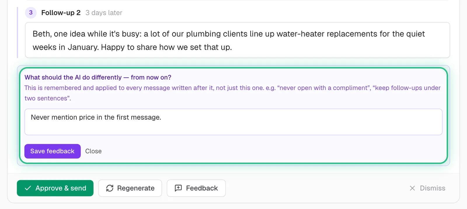 The Feedback box open under a draft, asking what the AI should do differently from now on