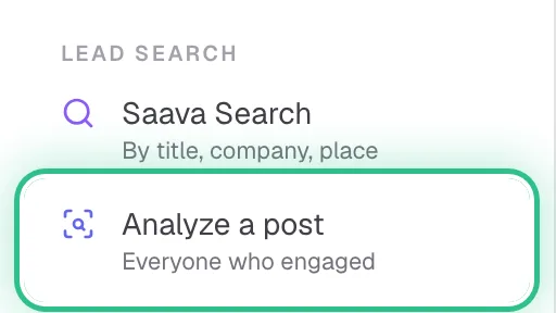 The menu with Analyze a post ringed under Lead Search