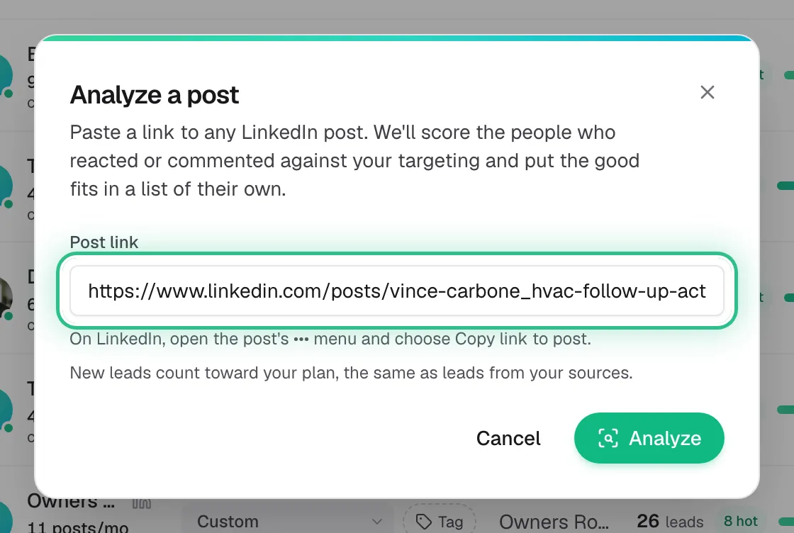 The Analyze a post window with a LinkedIn post link pasted into Post link, ringed
