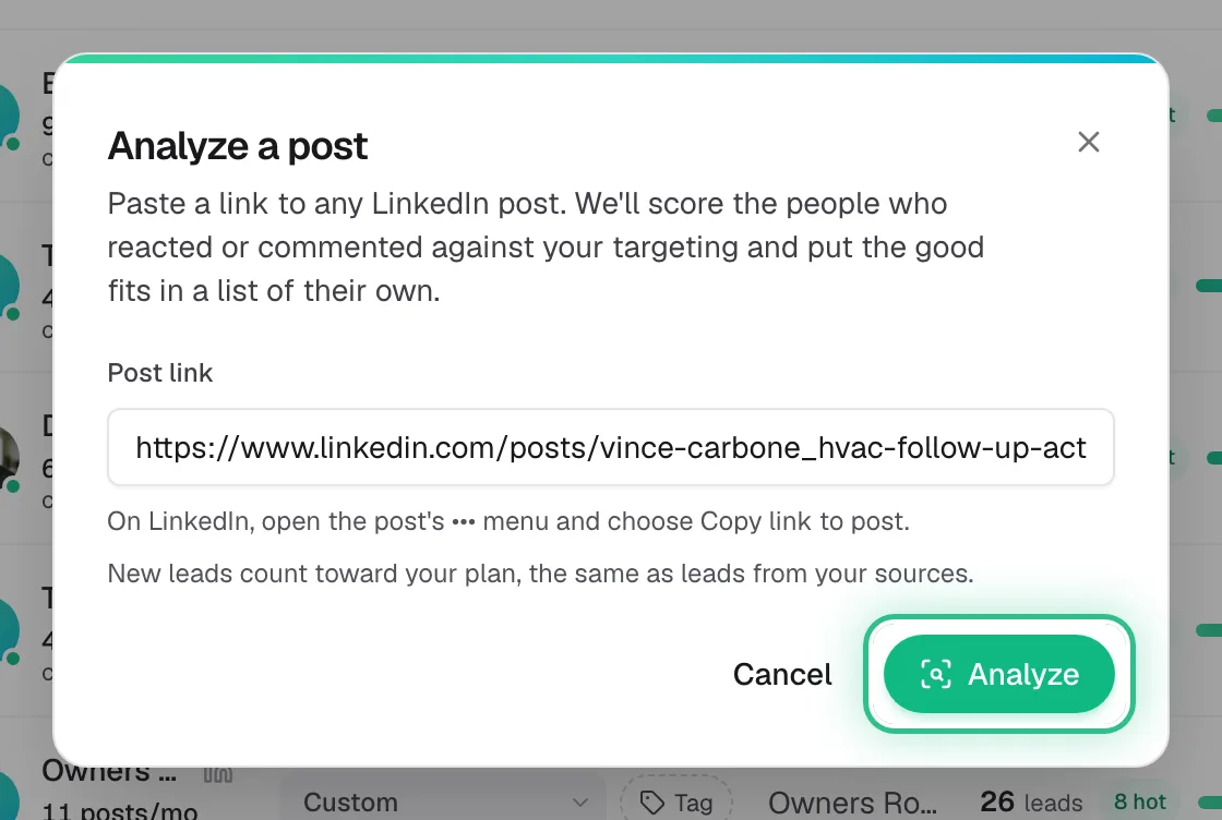 The Analyze a post window with the Analyze button ringed