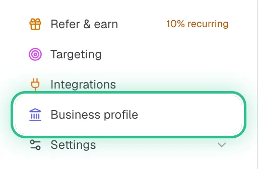 The bottom of the menu with Business profile ringed, just above Settings