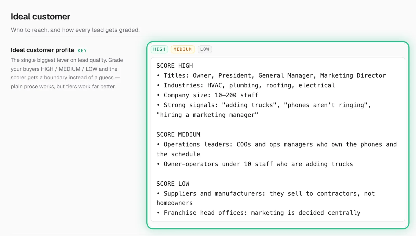 The Ideal customer section with the ideal customer profile ringed, graded SCORE HIGH, SCORE MEDIUM and SCORE LOW