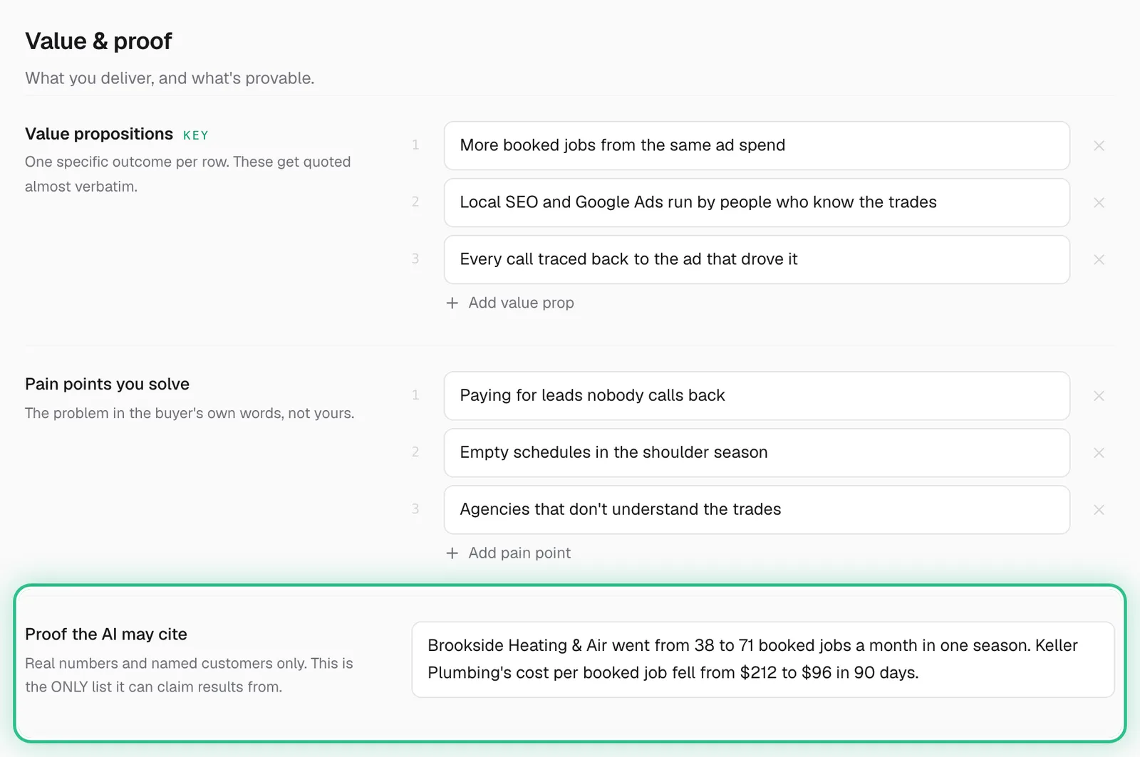 The Value & proof section with Proof the AI may cite ringed, holding real results from named customers