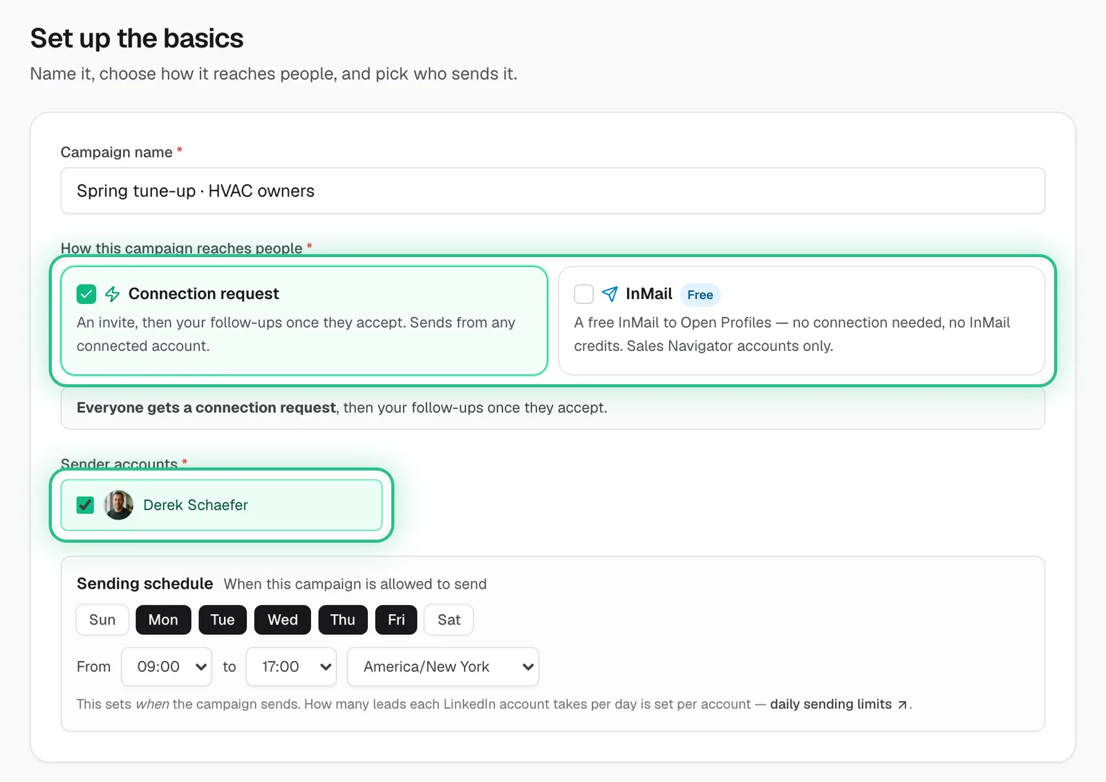 The builder's Basics step with the connection request choice and the sending account ringed