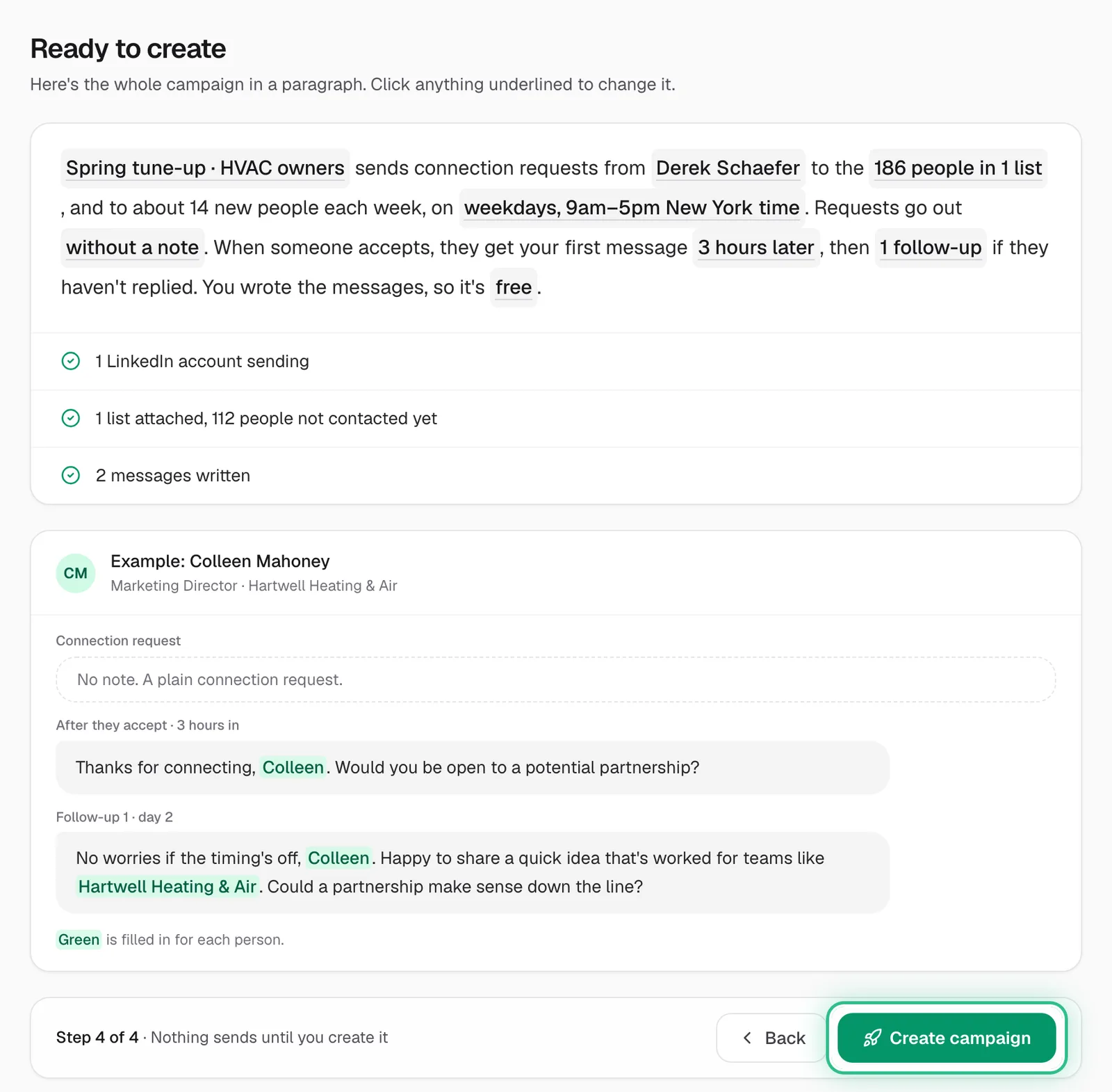 The Review step summing up the campaign, with Create campaign ringed