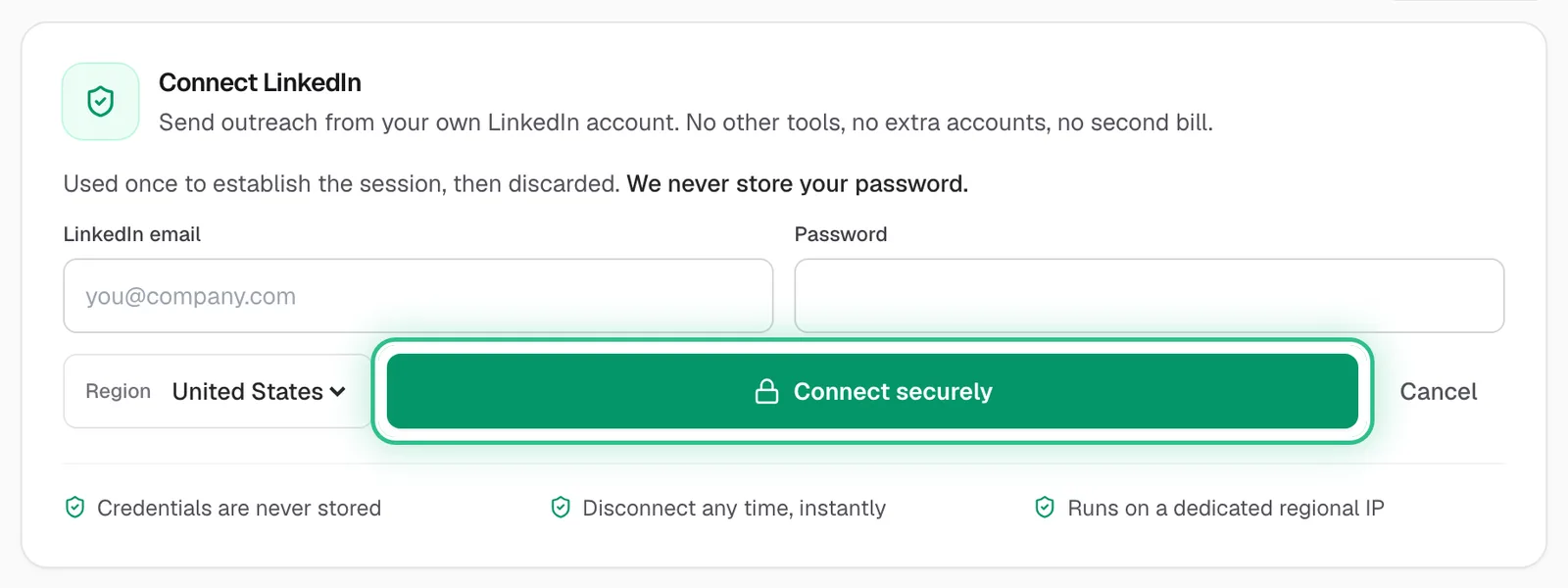 The Connect LinkedIn form with your LinkedIn email and password, and Connect securely ringed