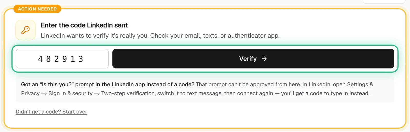 Enter the code LinkedIn sent, with the code box and Verify ringed