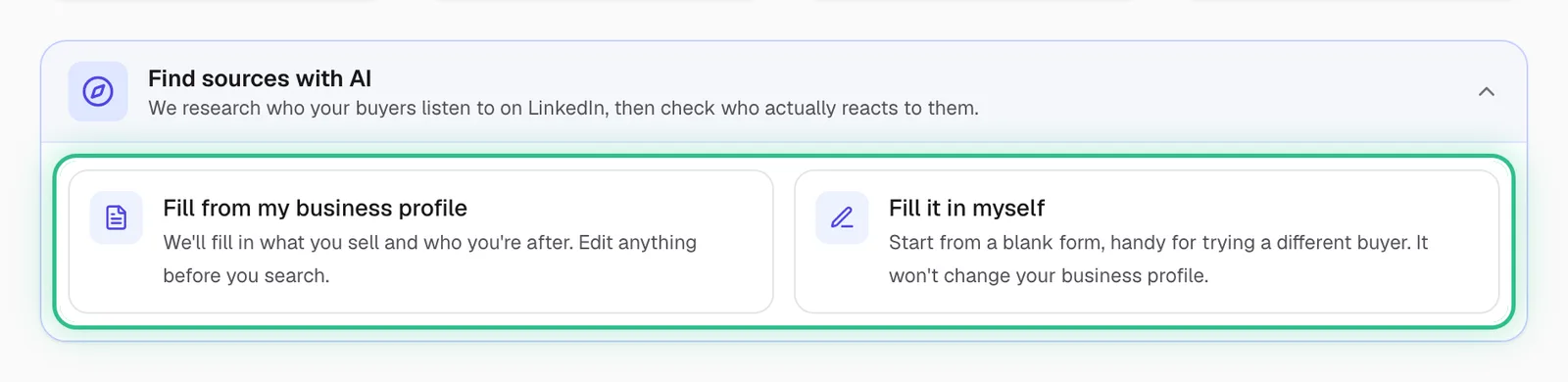 Find sources with AI opened, with Fill from my business profile and Fill it in myself ringed