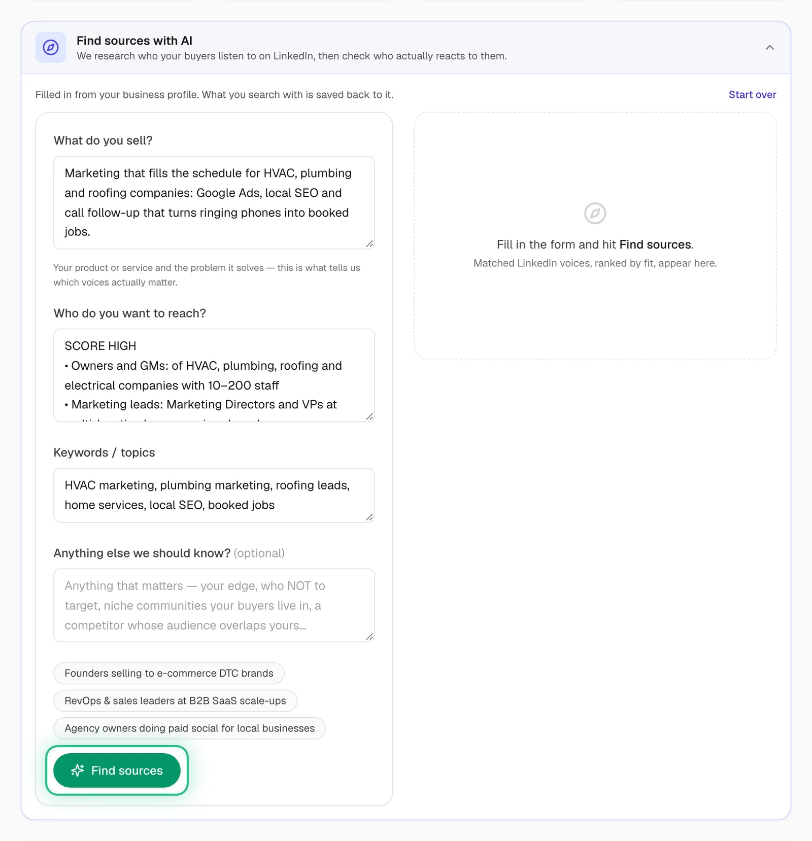 The Find sources form filled in from the business profile, with Find sources ringed