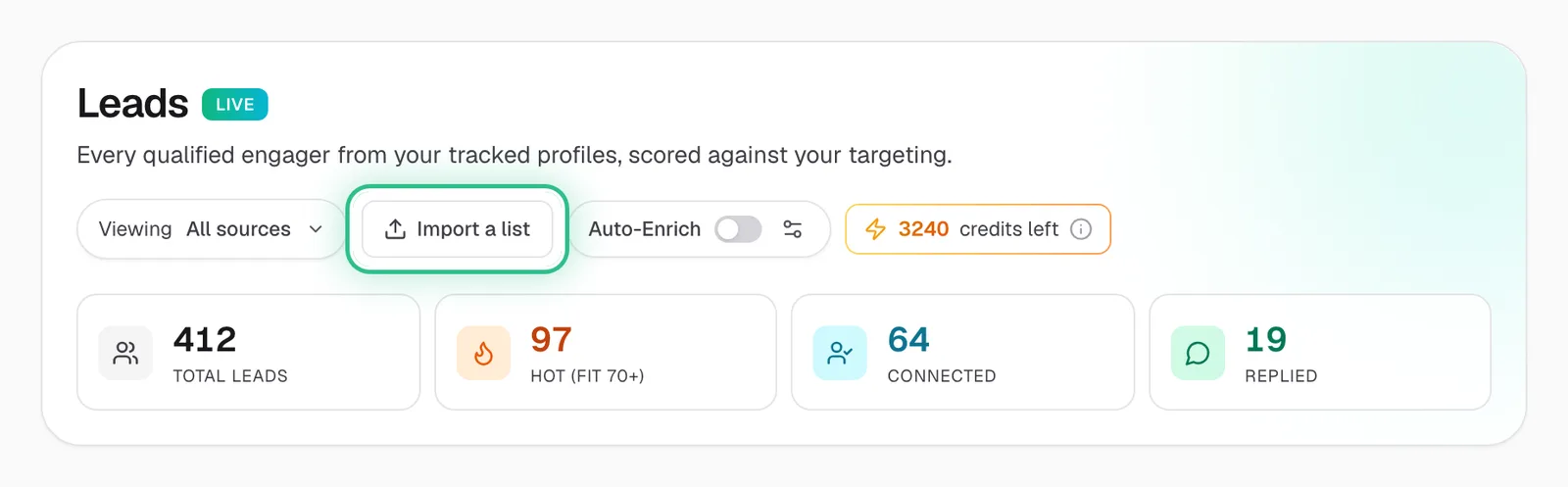 The top of the Leads page with Import a list ringed, between Viewing and Auto-Enrich