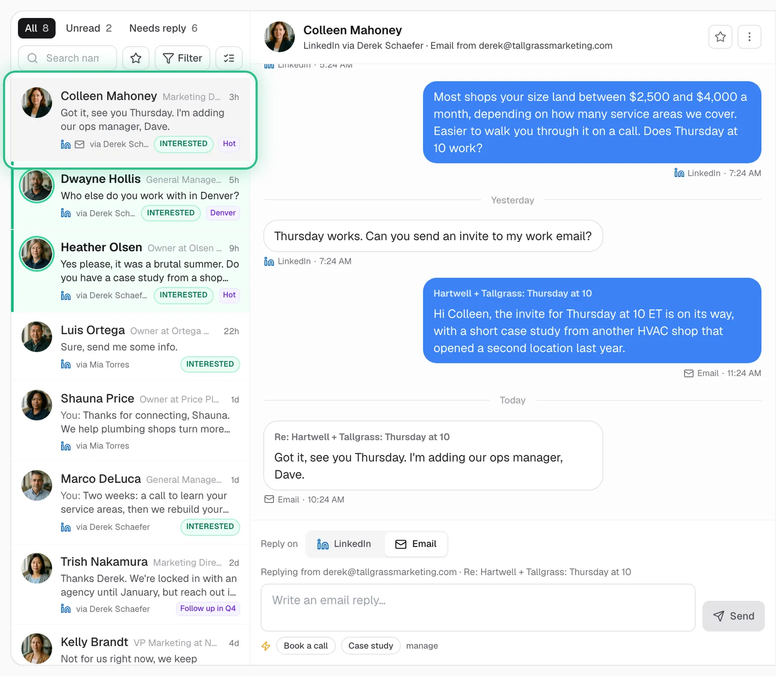 The Inbox with one conversation per person, a LinkedIn and email thread shown together, and the person ringed
