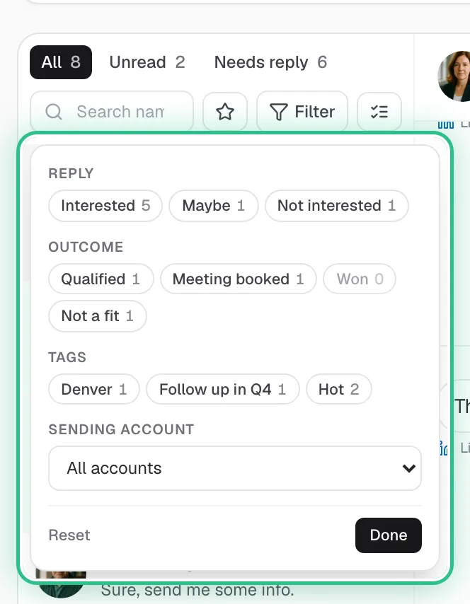 The Inbox filters open: reply, outcome, tags and sending account, ringed