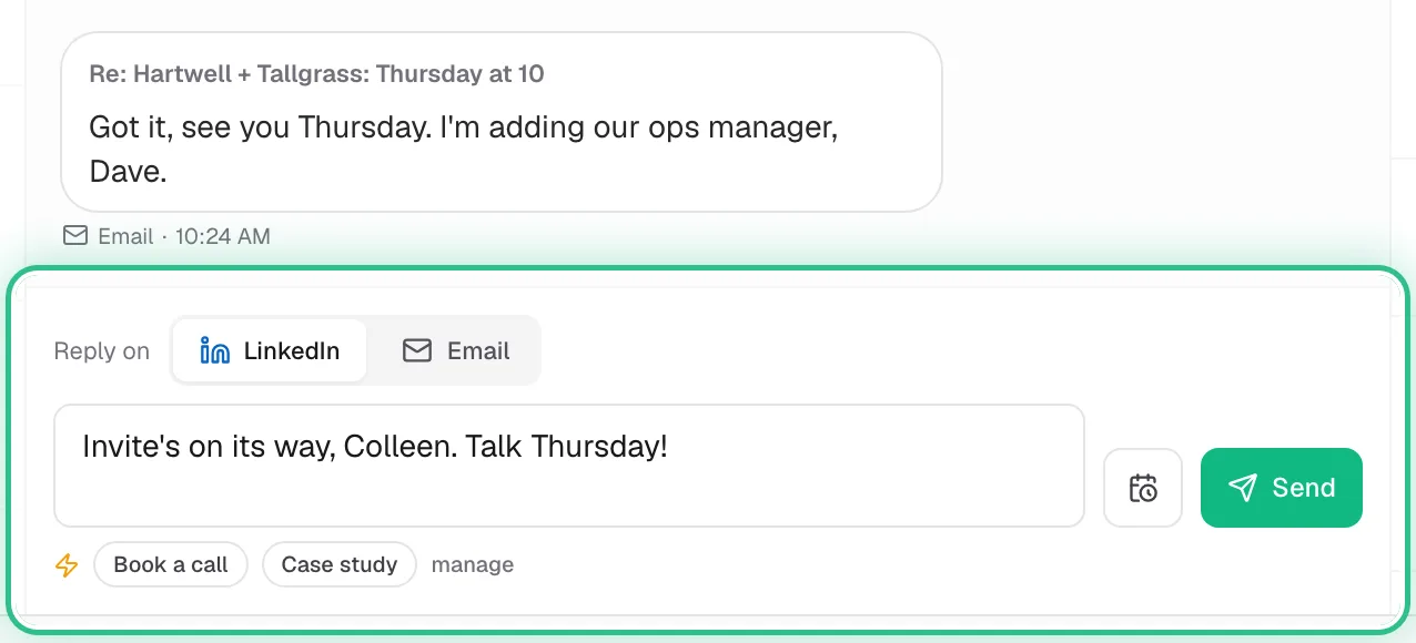 The reply box at the bottom of a conversation, set to reply on LinkedIn, with Send and Send later, ringed