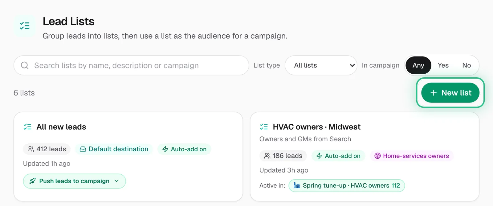 The Lead Lists page with New list ringed