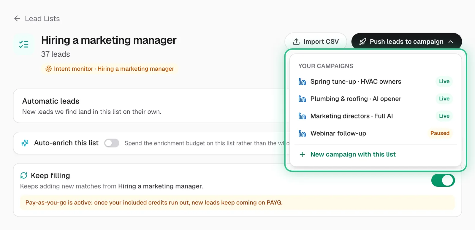 Push leads to campaign opened on a list, showing your campaigns and New campaign with this list, ringed
