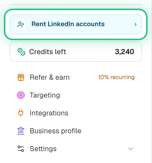 The bottom of the menu with Rent LinkedIn accounts ringed