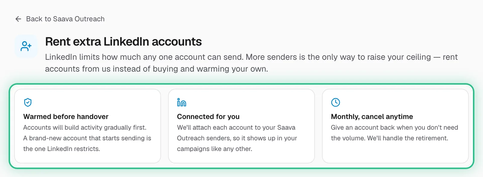 Rent extra LinkedIn accounts with Warmed before handover, Connected for you and Monthly, cancel anytime ringed