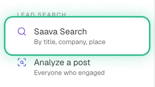 The menu with Saava Search ringed under Lead Search