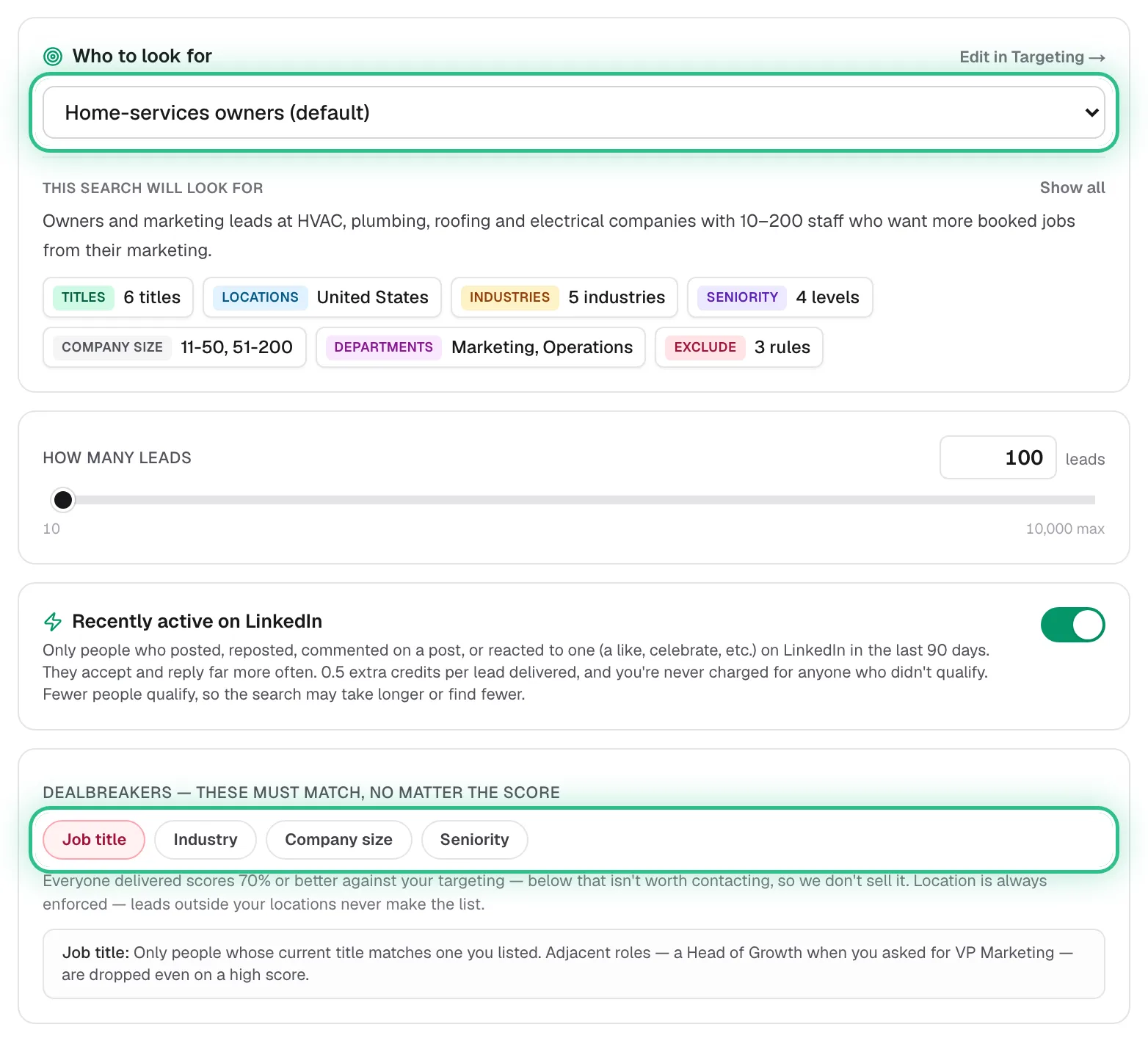 The Standard search form with the targeting picker and the Dealbreakers ringed