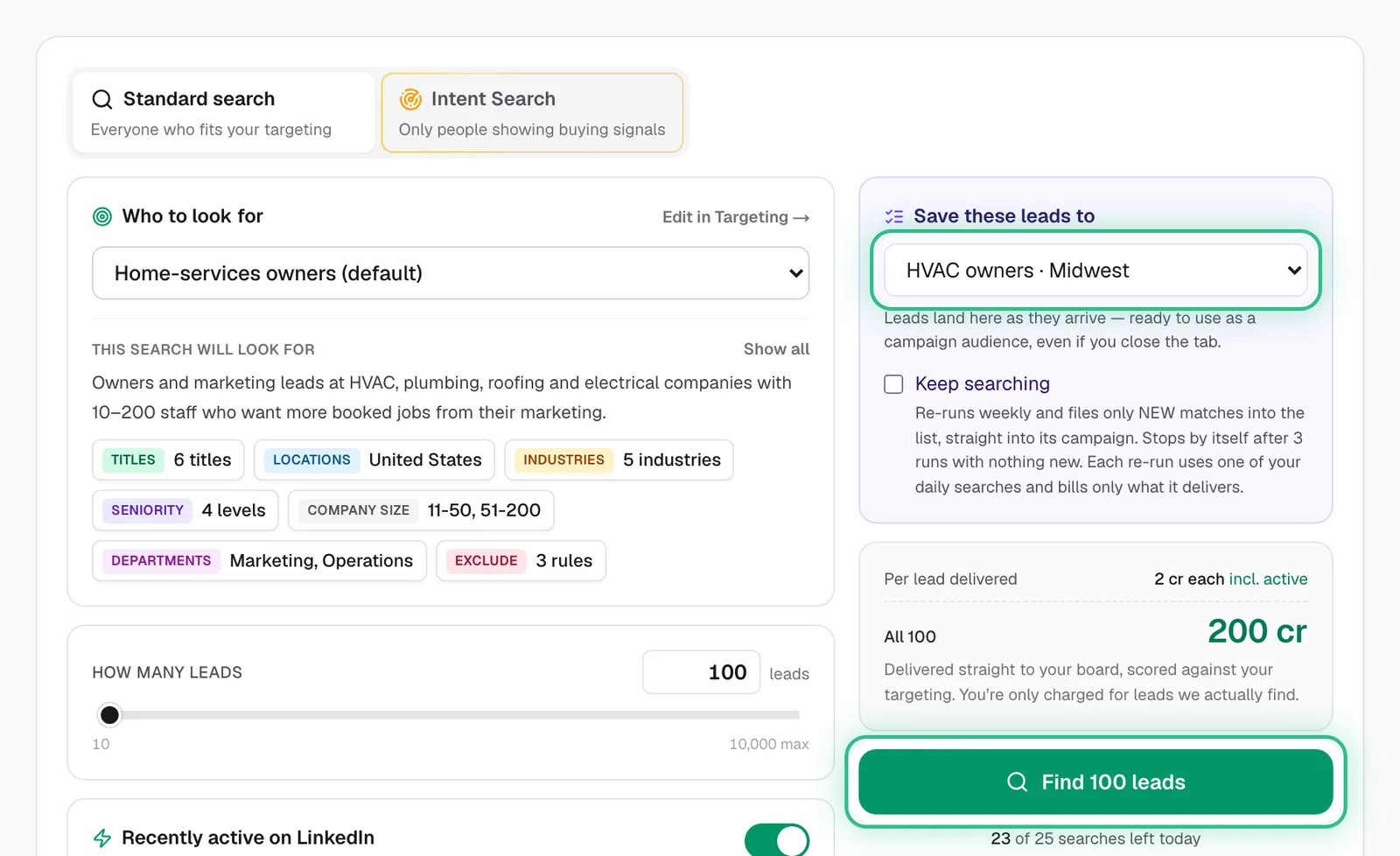 The Search page with the Save these leads to list and Find 100 leads ringed