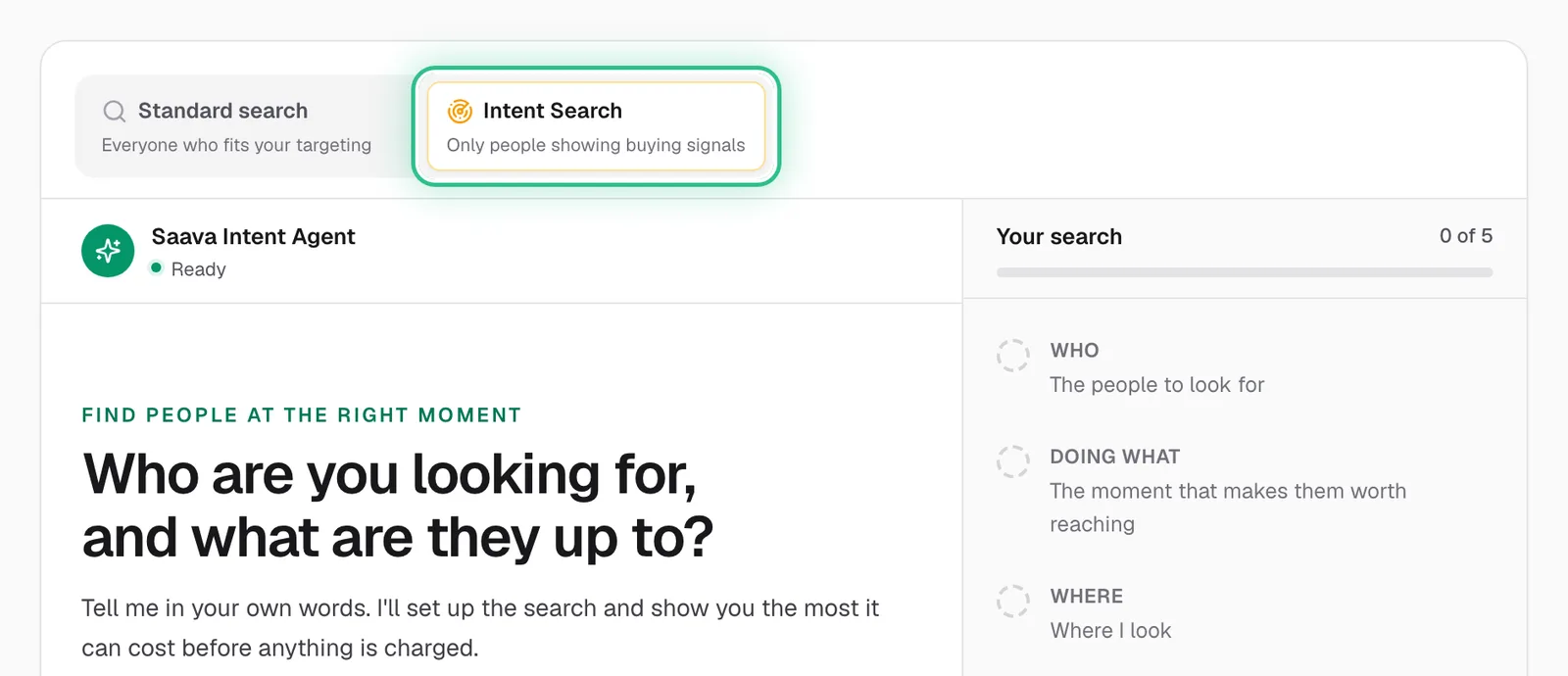 Intent Search ringed at the top of the Search page, with the Intent Agent asking who you're looking for