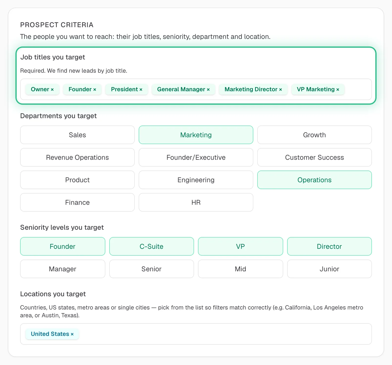 Prospect Criteria on the Targeting page, with the job titles you target ringed