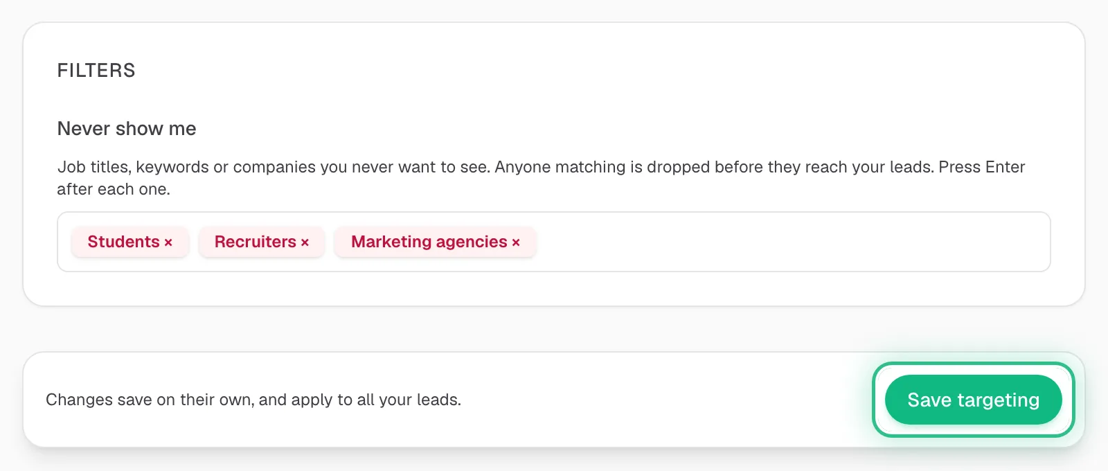 The bar under the Targeting form with Save targeting ringed