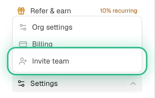The Settings menu open with Invite team ringed