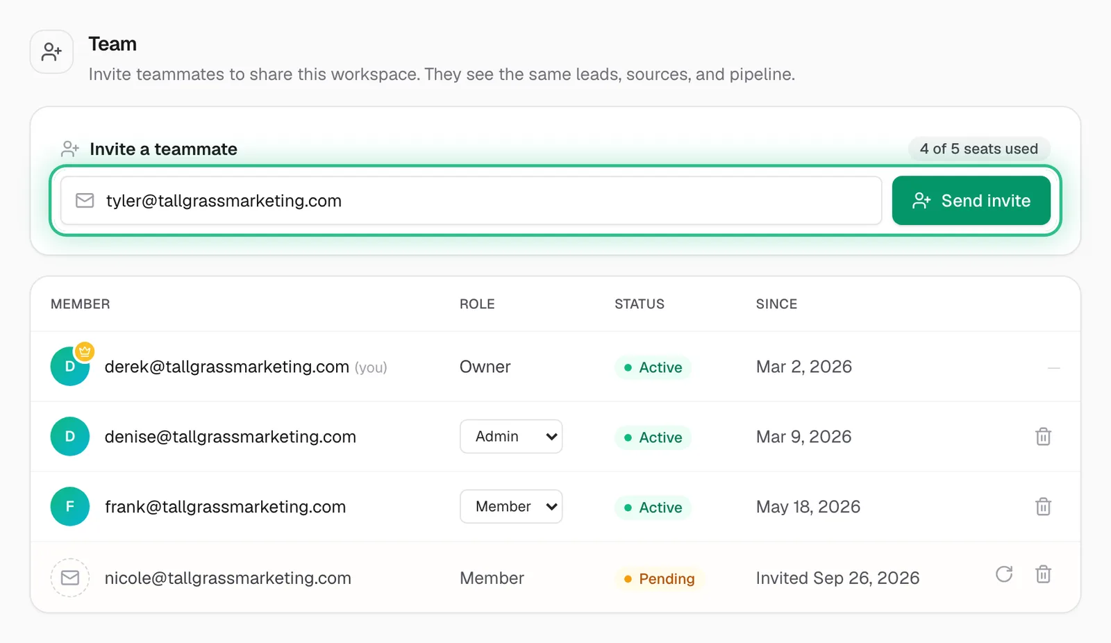 Team settings with a teammate's email typed in and Send invite ringed, above the members and a pending invite