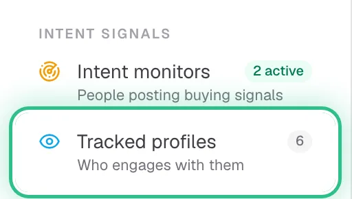 The menu with Tracked profiles ringed under Intent Signals