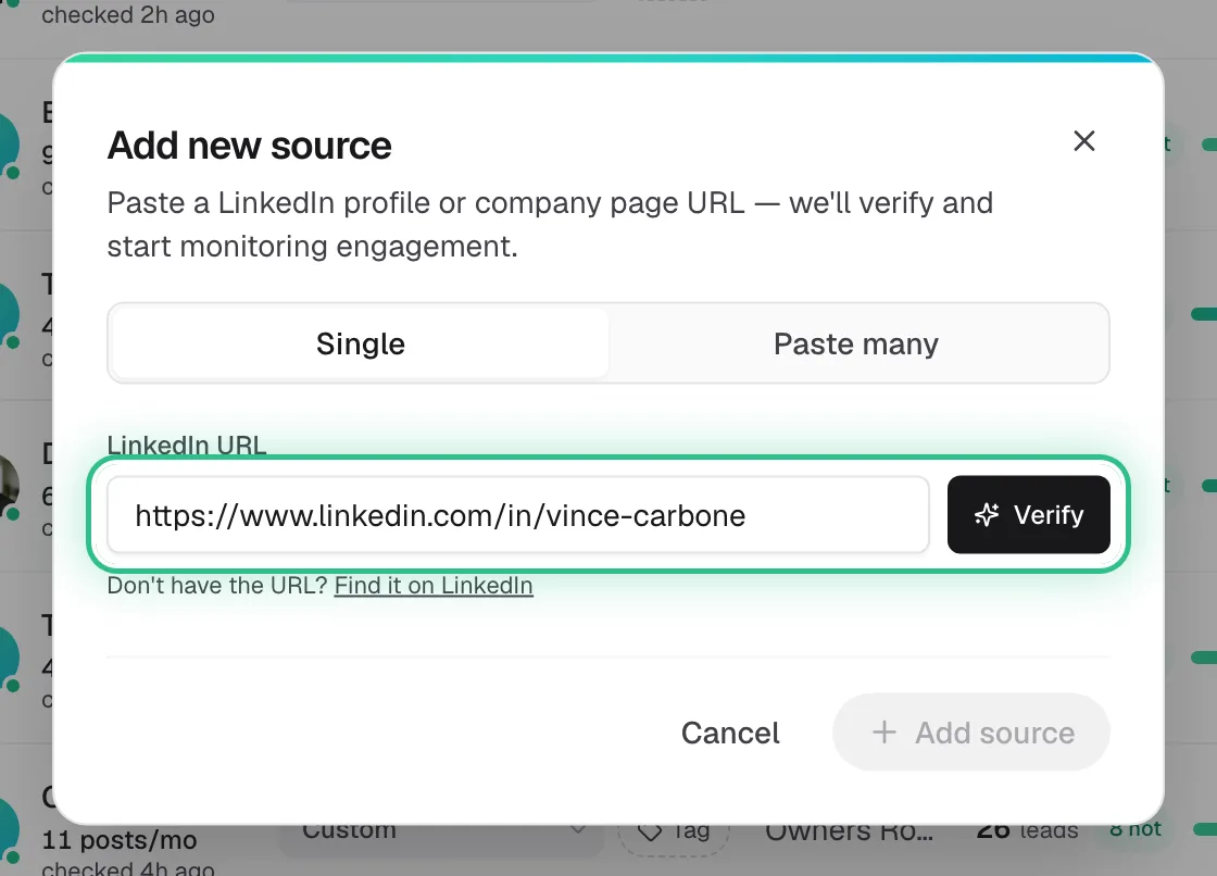 The Add new source window with a LinkedIn URL pasted and Verify ringed